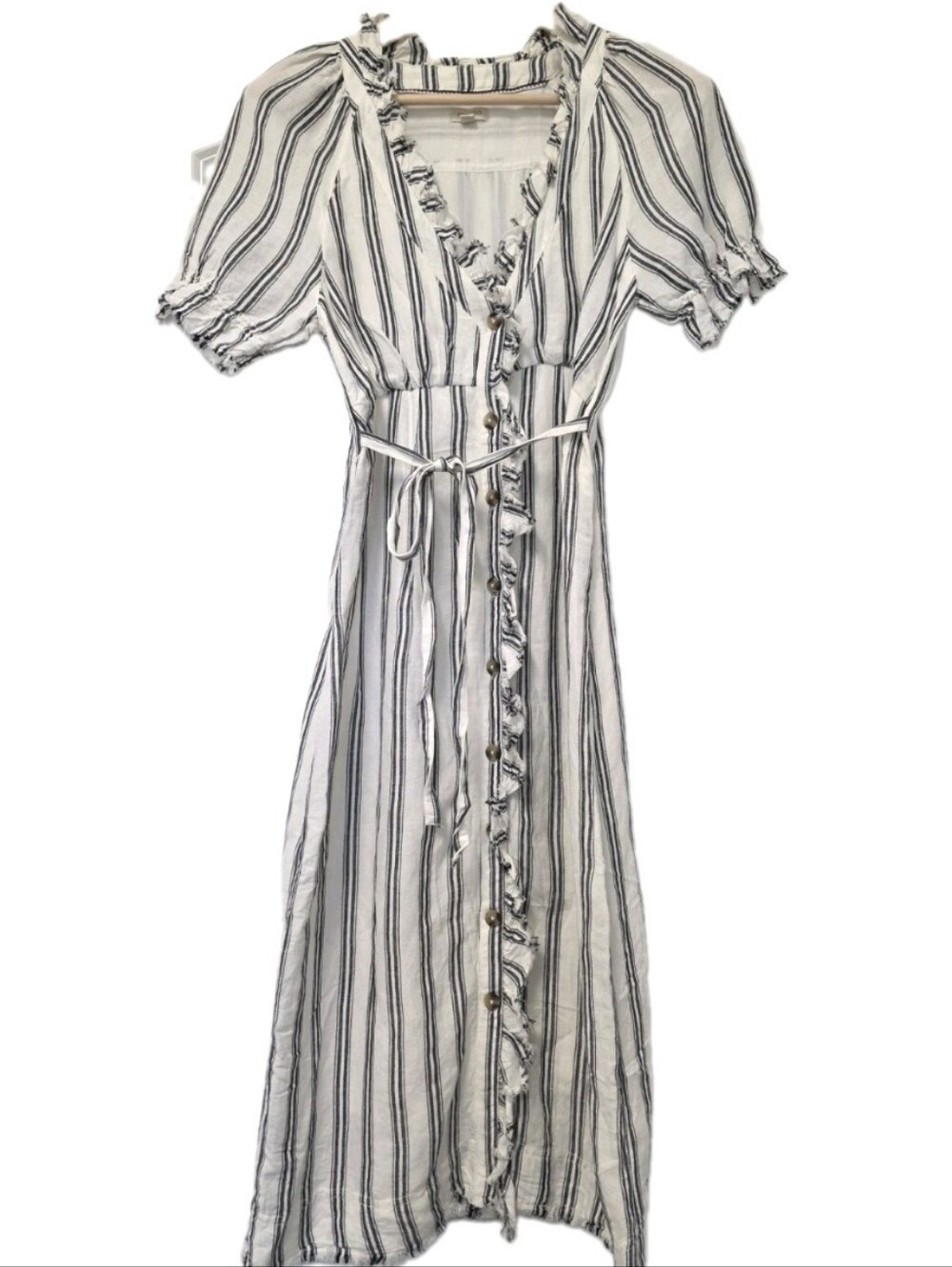 Anthropologie Linen Blend Striped Midi Dress Size 2 Cottagecore Prairie Blk Whit - Picture 2 of 11